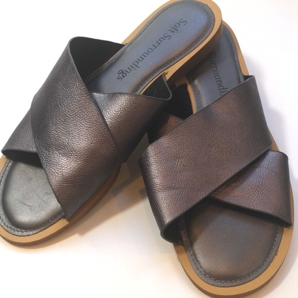 Soft Surroundings Shoes - Soft Surroundings Silver Metallic Open Toe Strap Sandals Slides Shoes Women '7.5